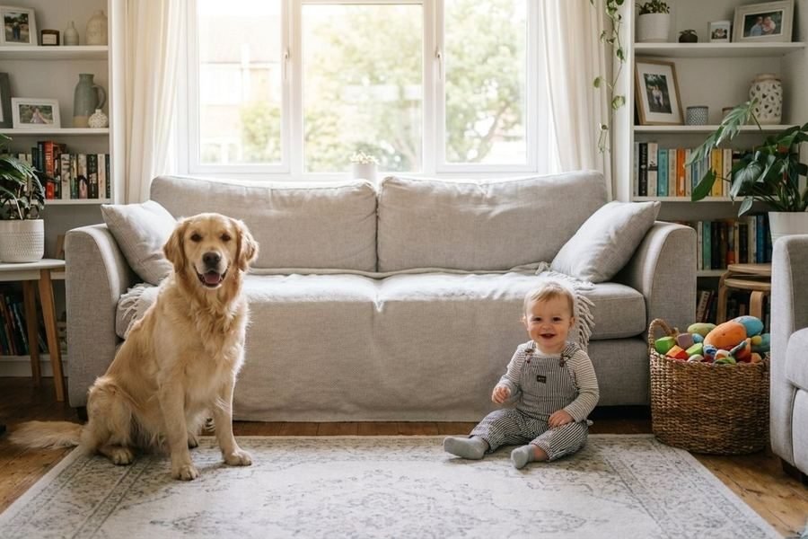 A golden retriever and a toddler on a clean living-room rug in a metro Atlanta home