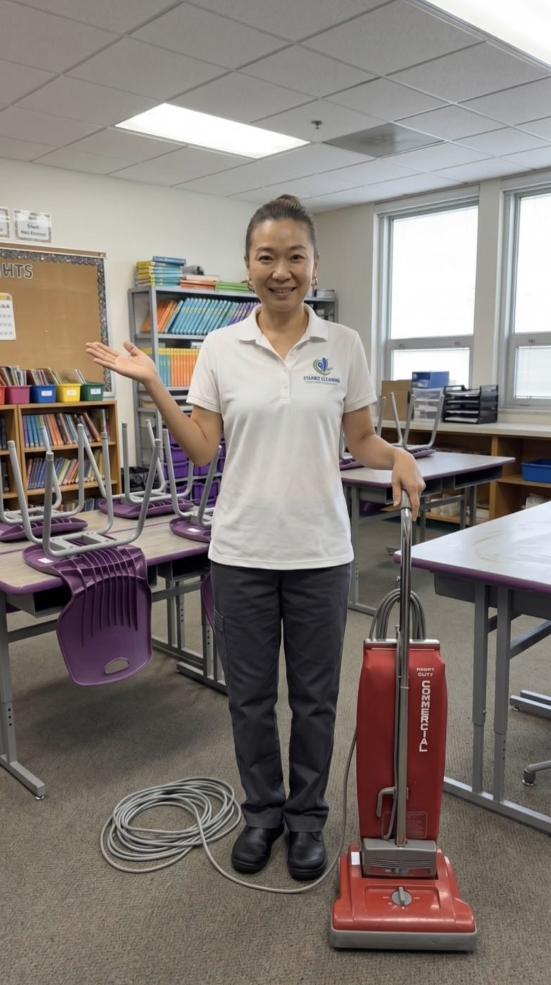 Starbiz cleaner with a commercial upright vacuum in a classroom