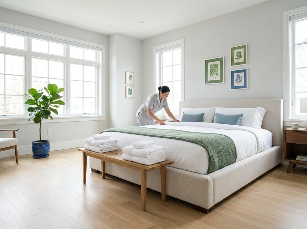 Airbnb turnover cleaning with fresh bedding and towels