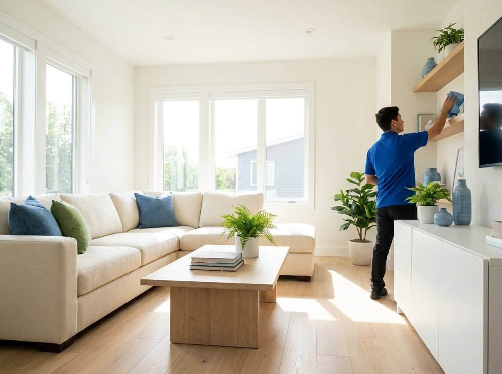 Professional house cleaning in a bright living room