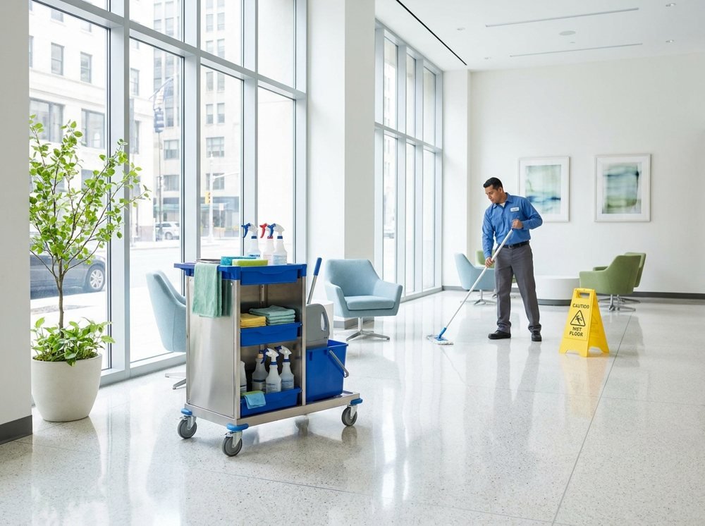 Janitorial cart in a commercial lobby