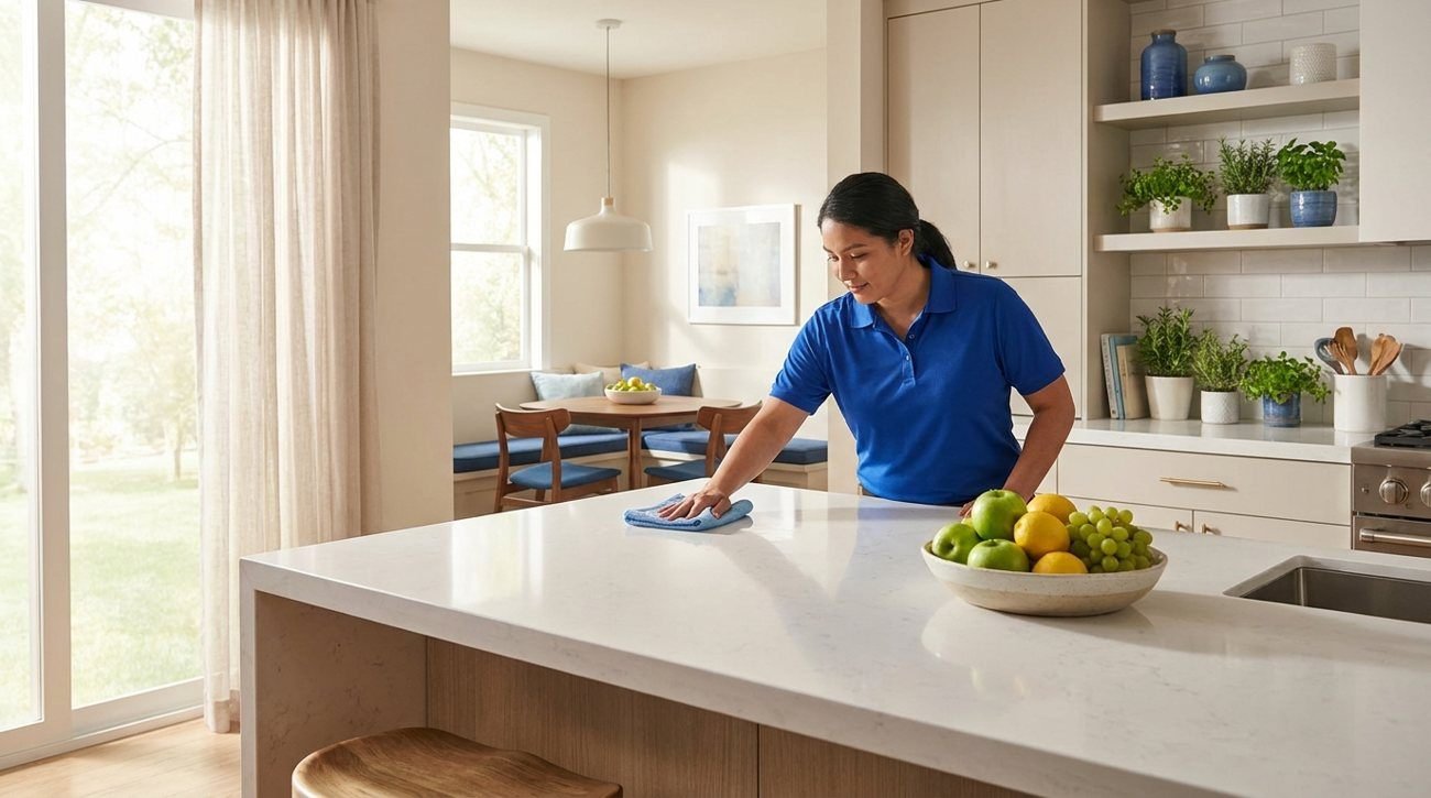 A Starbiz cleaner polishing a bright family kitchen